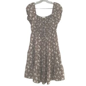 Altar'd State Brown Floral Tiered Mini Dress Puff Sleeve Smocked Womens L
